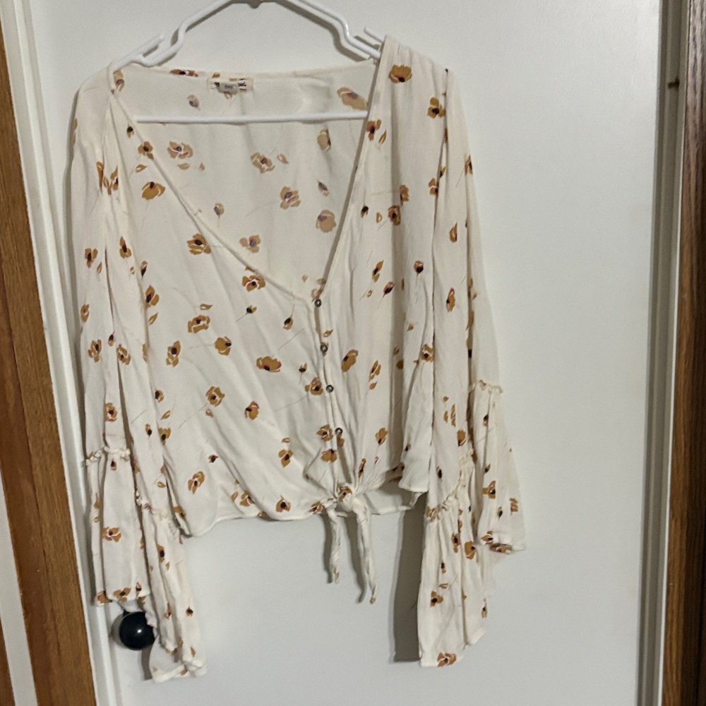 Billabong Cream Floral Blouse with Tie Front